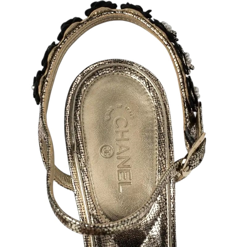 Chanel Gold Metallic Leather Camellia Pearl Sandals Heels EU 38.5C