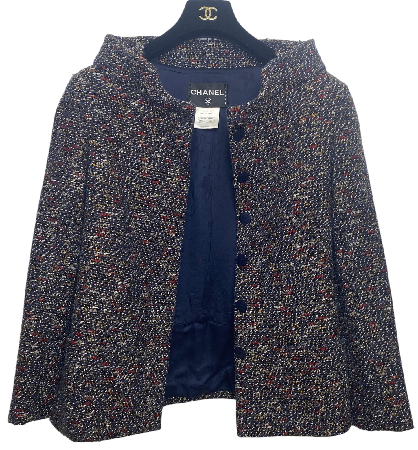 CHANEL 12A BOMBAY BLACK BROWN RED BEIGE NAVY TWEED JACKET FR 36