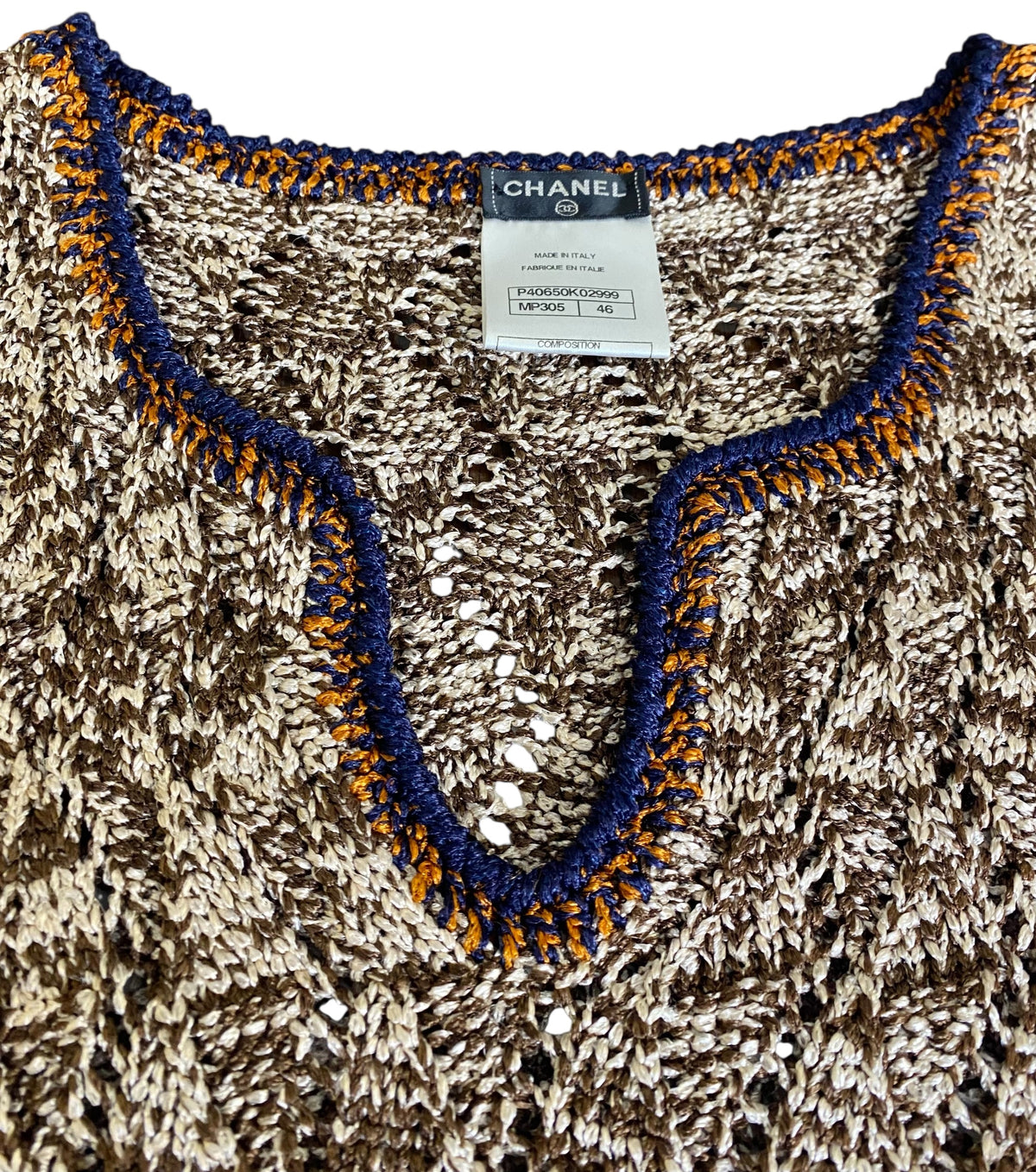Chanel Brown Orange Navy CC Knit Crochet Dress FR 46