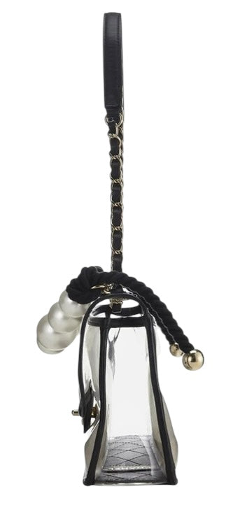 Chanel 19S Runway Medium Black Lambskin PVC Sand By The Sea Pearl Strap Flap Bag