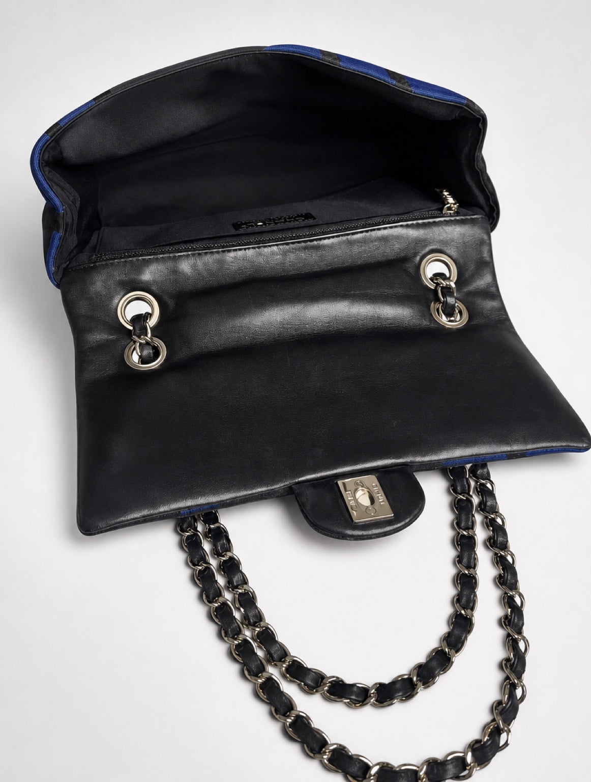 Chanel 13P Runway Blue Black Jersey Classic Medium Single Flap Bag SHW