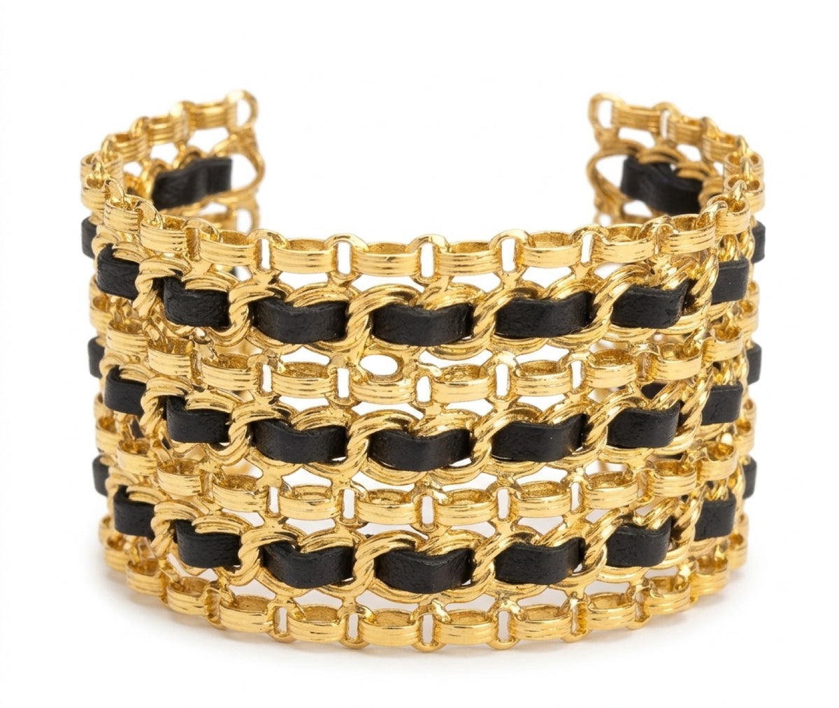 Vintage 80’s Chanel Wide 24K Gold Plated Black Leather Statement Cuff Bracelet