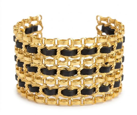 Vintage 80’s Chanel Wide 24K Gold Plated Black Leather Statement Cuff Bracelet
