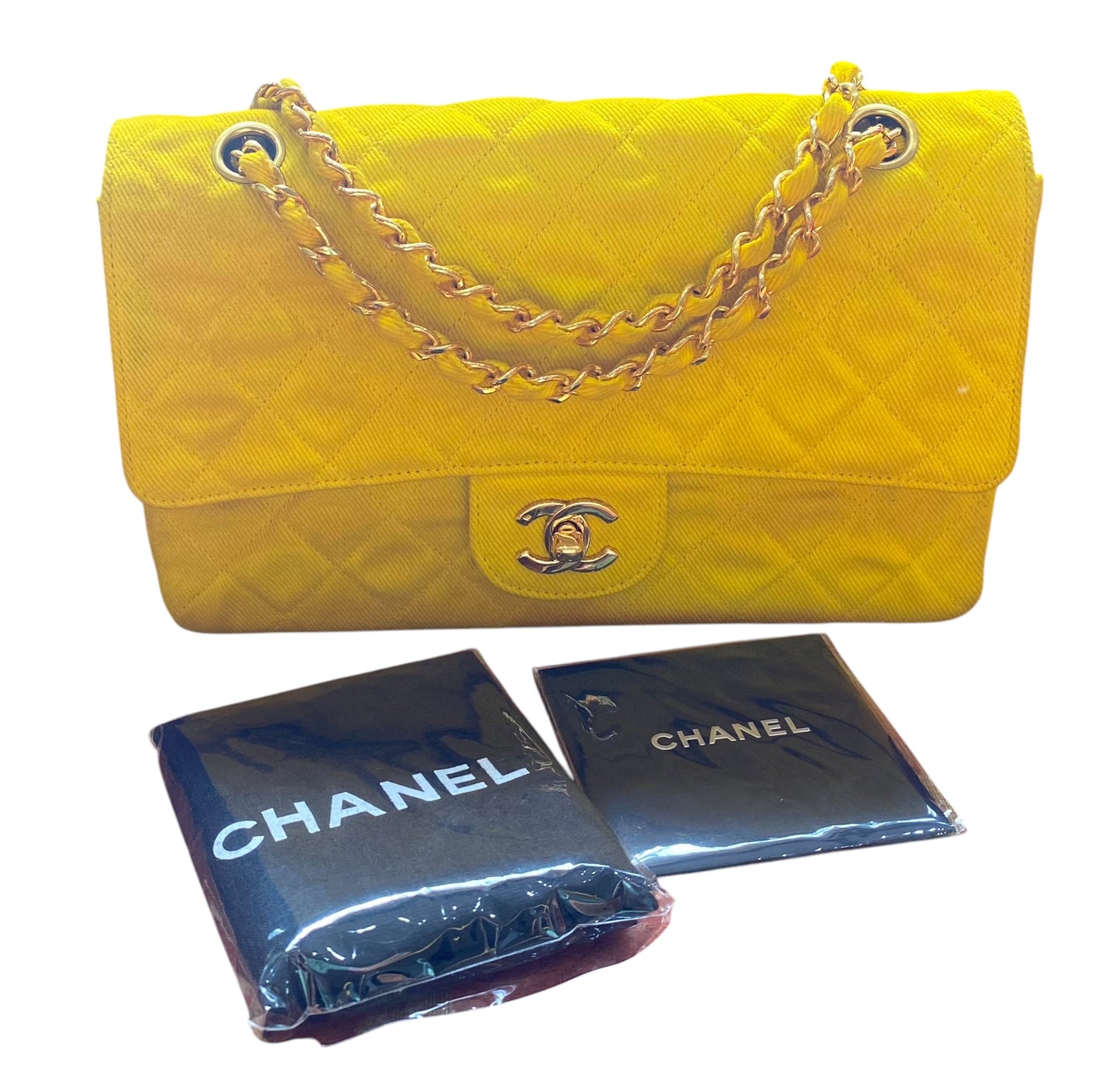 Vintage Chanel 90’s Yellow Denim Medium Classic Flap Bag 24K Gold Hardware