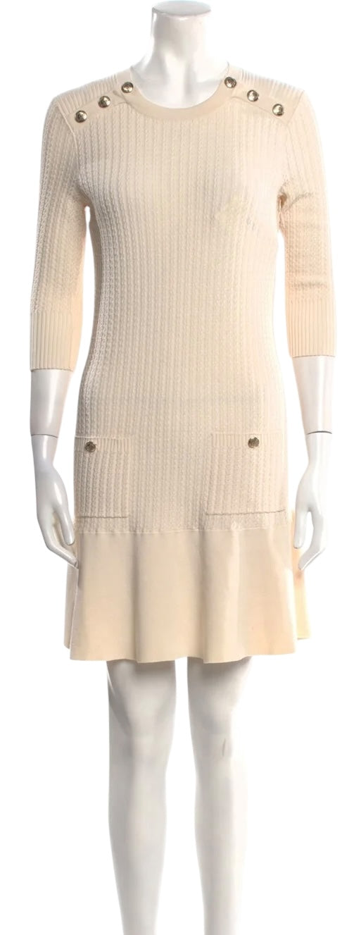 CHANEL 18A HAMBURG CREAM KNIT ANCHOR CC BUTTONS Mini DRESS FR 38