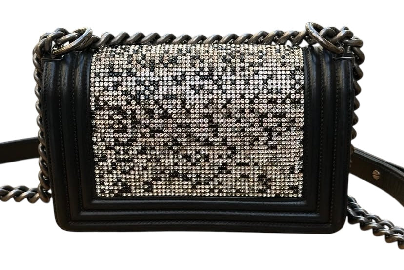 Chanel 14P Limited Edition Swarovski Crystals Strass Small Black Leather Boy Handbag