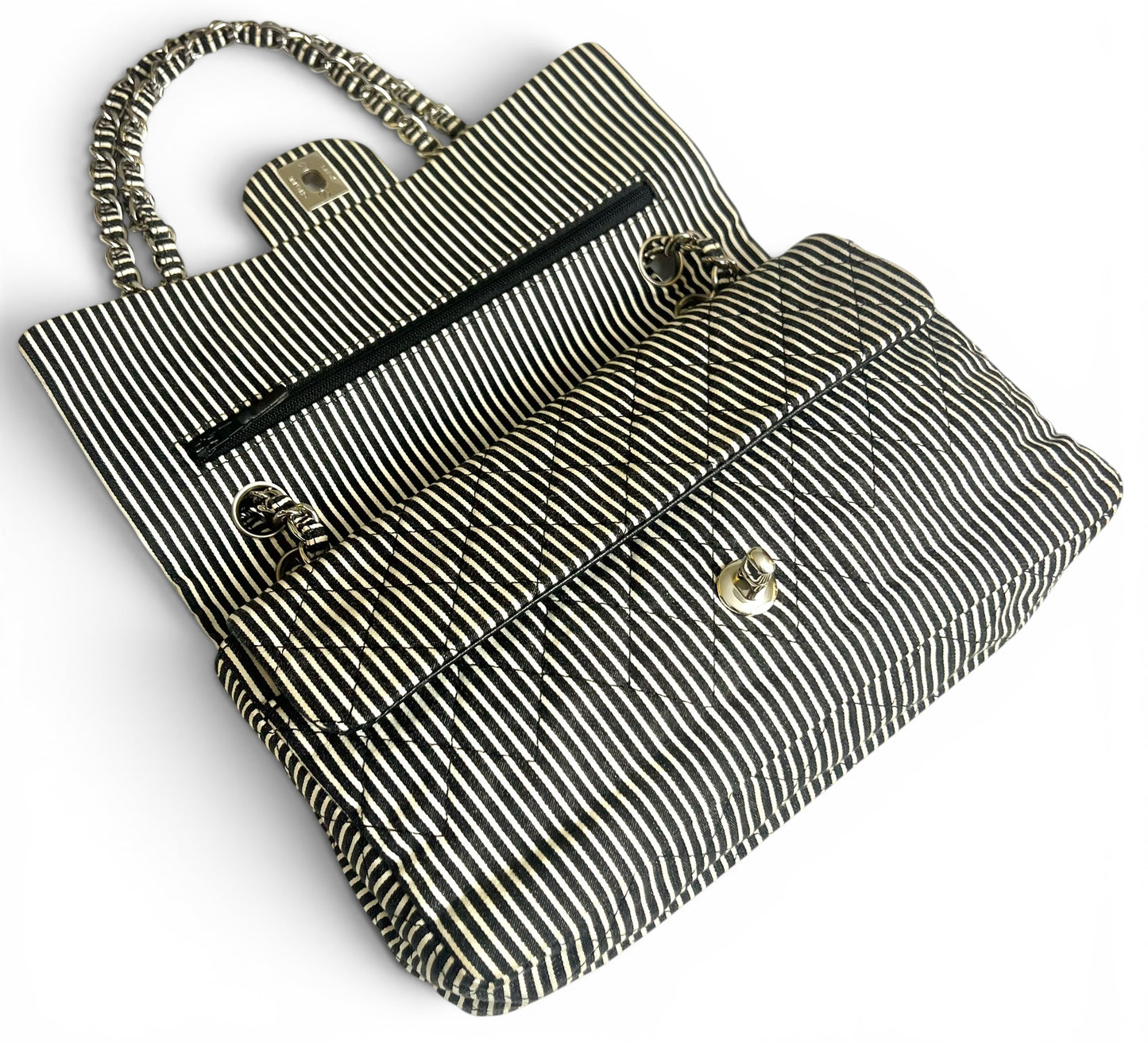 Chanel 08C Medium Black White Stripe Denim Canvas Classic Double Flap Bag