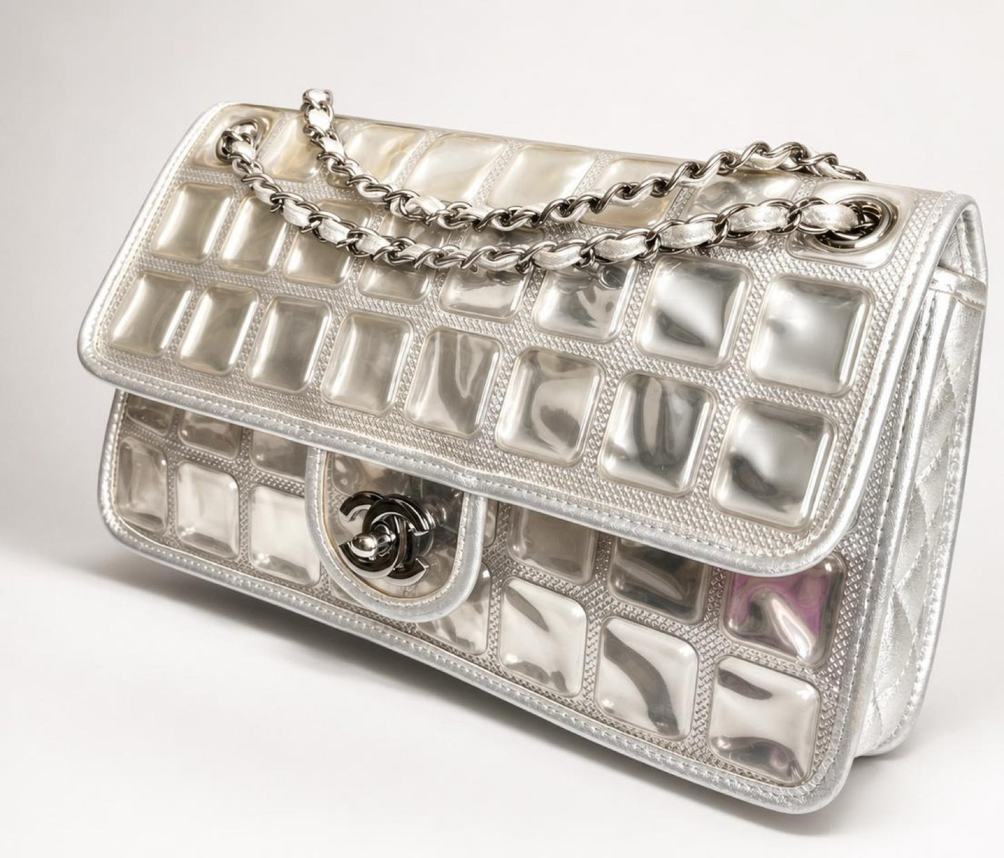 ICONIC Chanel 08C Medium Ice Cube Metallic Silver PVC Calfskin Classic Single Flap Bag