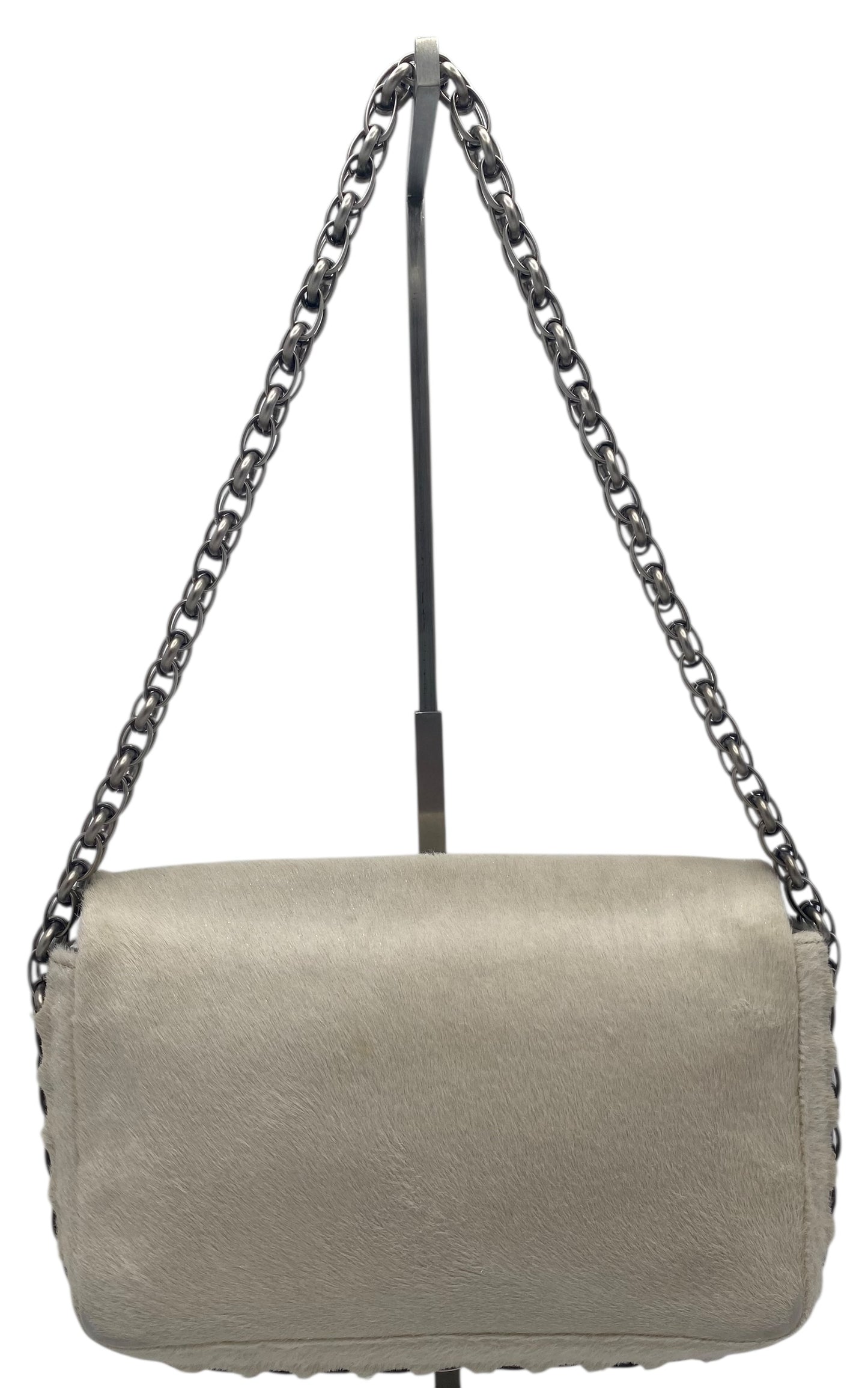 Rare Chanel White Shimmer Pony Hair Swarovski Crystal Chain Around Classic Medium Flap Bag