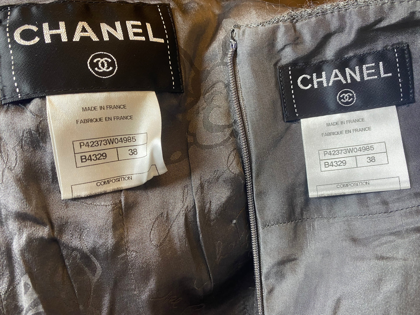 Chanel 11A Textured Gray Asymmetrical Wool Jacket Matching Skirt Suit FR 38
