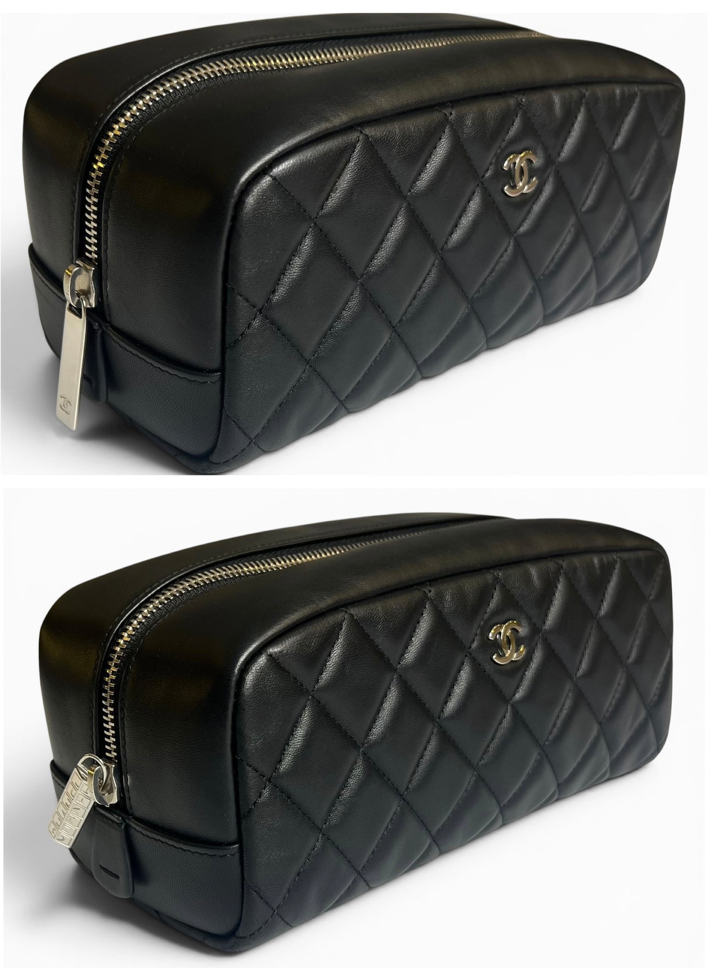 Chanel Black Lambskin Quilted Medium Rectangular Pouch Cosmetic Vanity Case Clutch