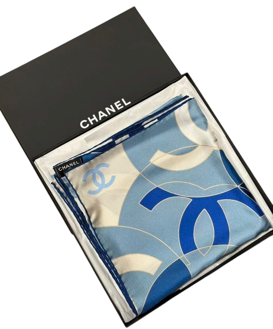 Chanel 2024 Large Blue CC Logo Silk Scarf