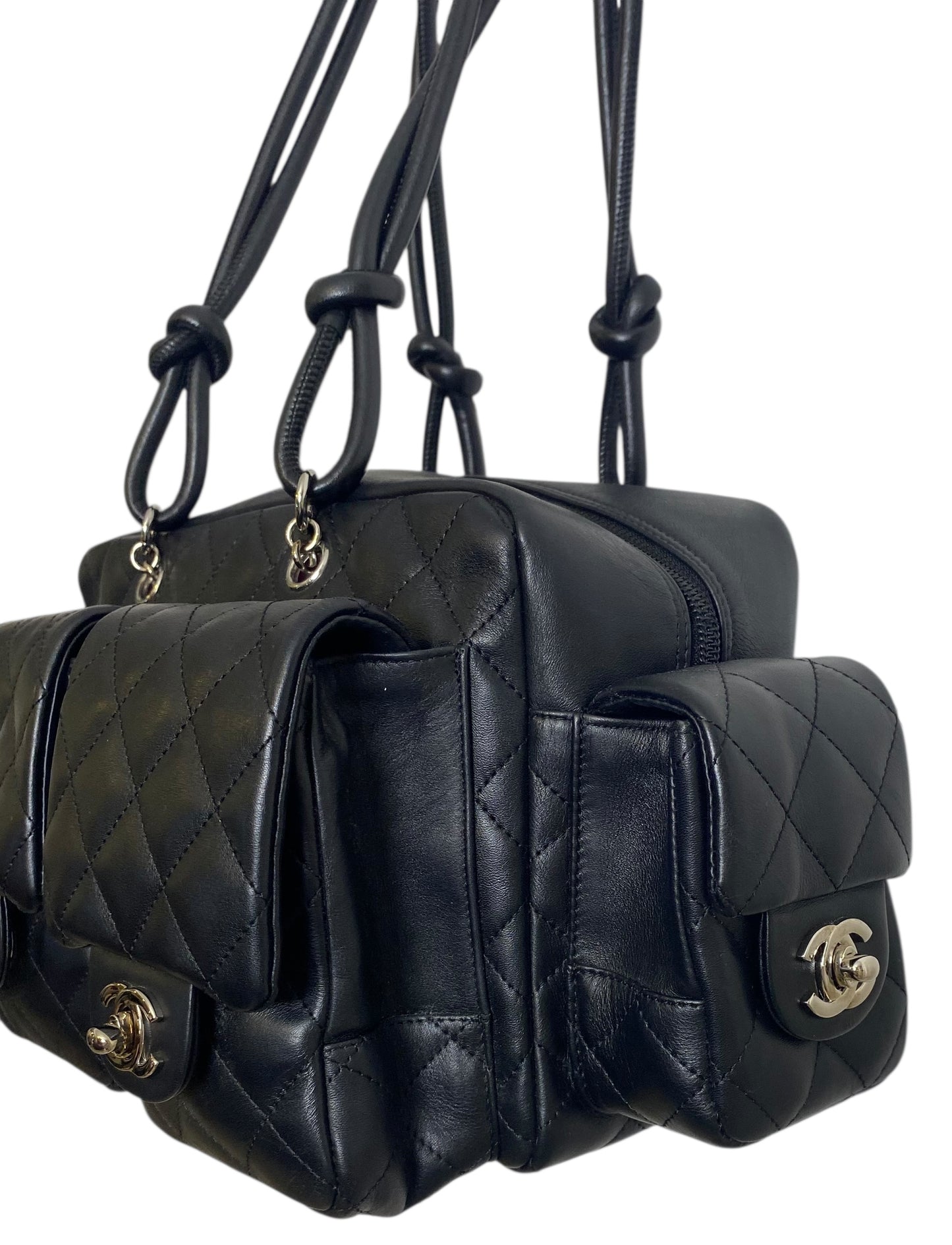 Chanel 2005 Small Cambon Reporter Black White Lambskin Handbag SHW