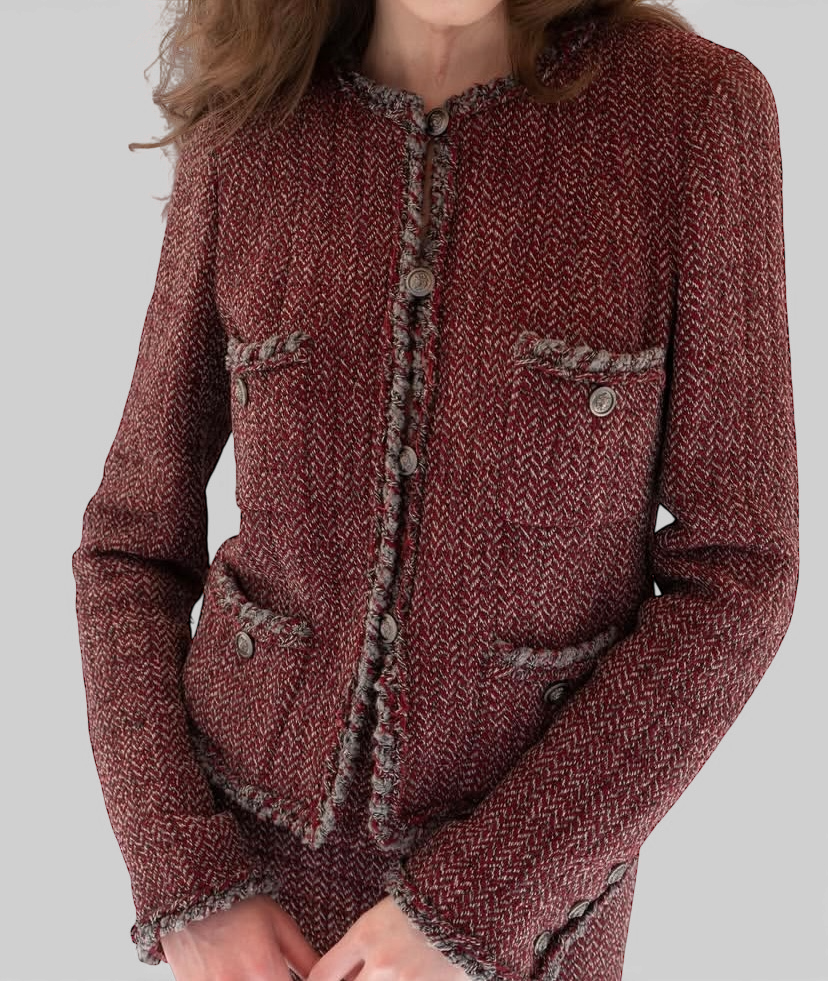 CHANEL 08A BURGUNDY GREY BRAIDED TRIM TWEED JACKET BLAZER FR 38