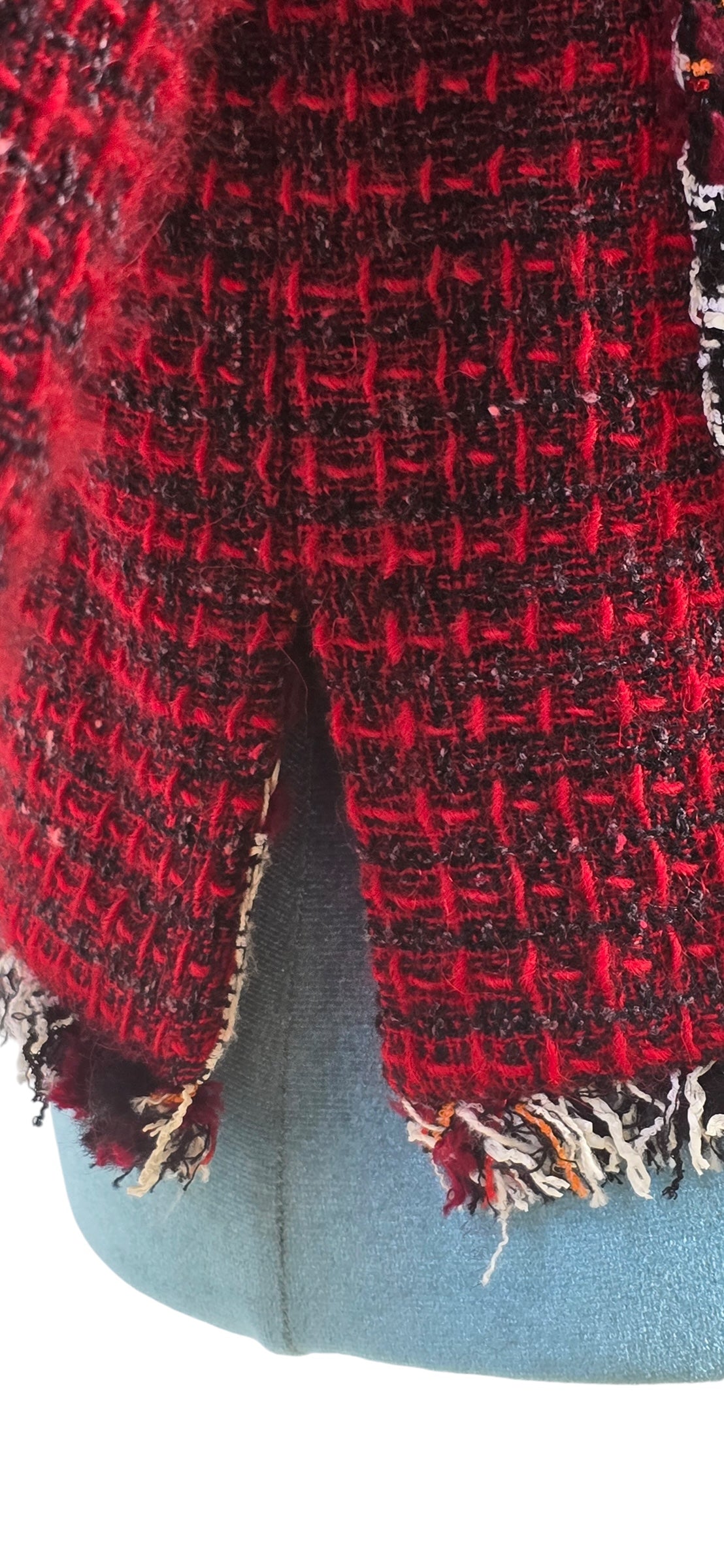 Chanel 16A Runway Burgundy Plaid Tweed Fringe Jacket FR 40