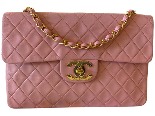 Chanel Vintage 90’s Barbie Pink Lambskin Maxi 24K Gold Hardware