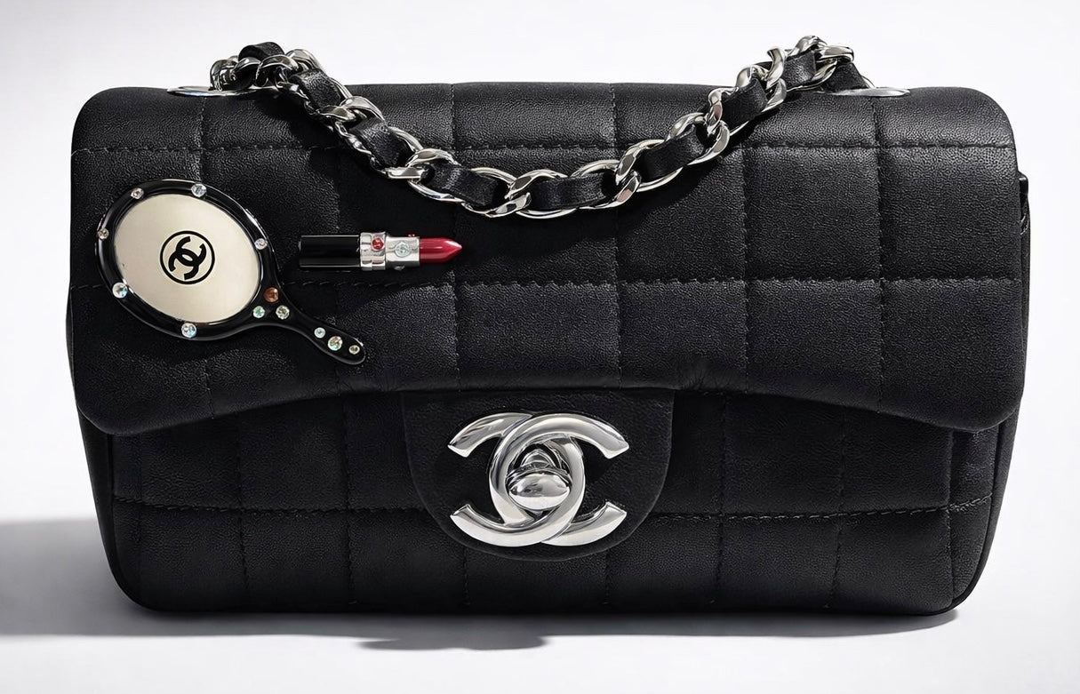 Chanel 04A Black Satin Mini Lipstick Mirror Charm Classic Flap Bag