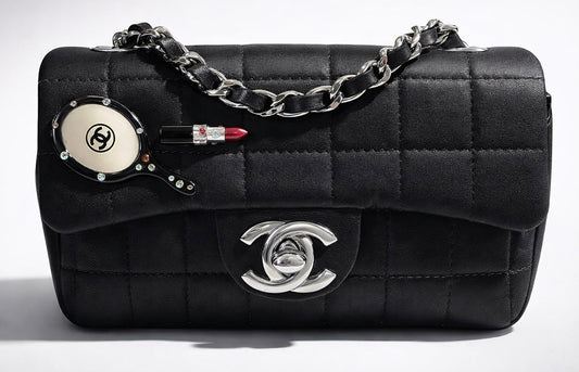 Chanel 04A Black Satin Mini Lipstick Mirror Charm Classic Flap Bag