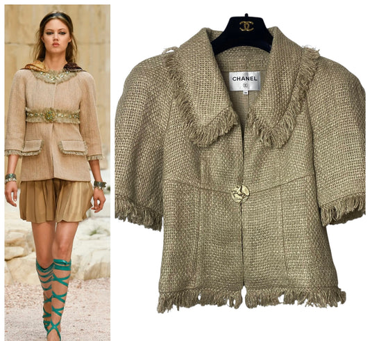 Chanel 18C Paris Greece Beige Horse Motif Button Raffia Linen Jacket FR 38