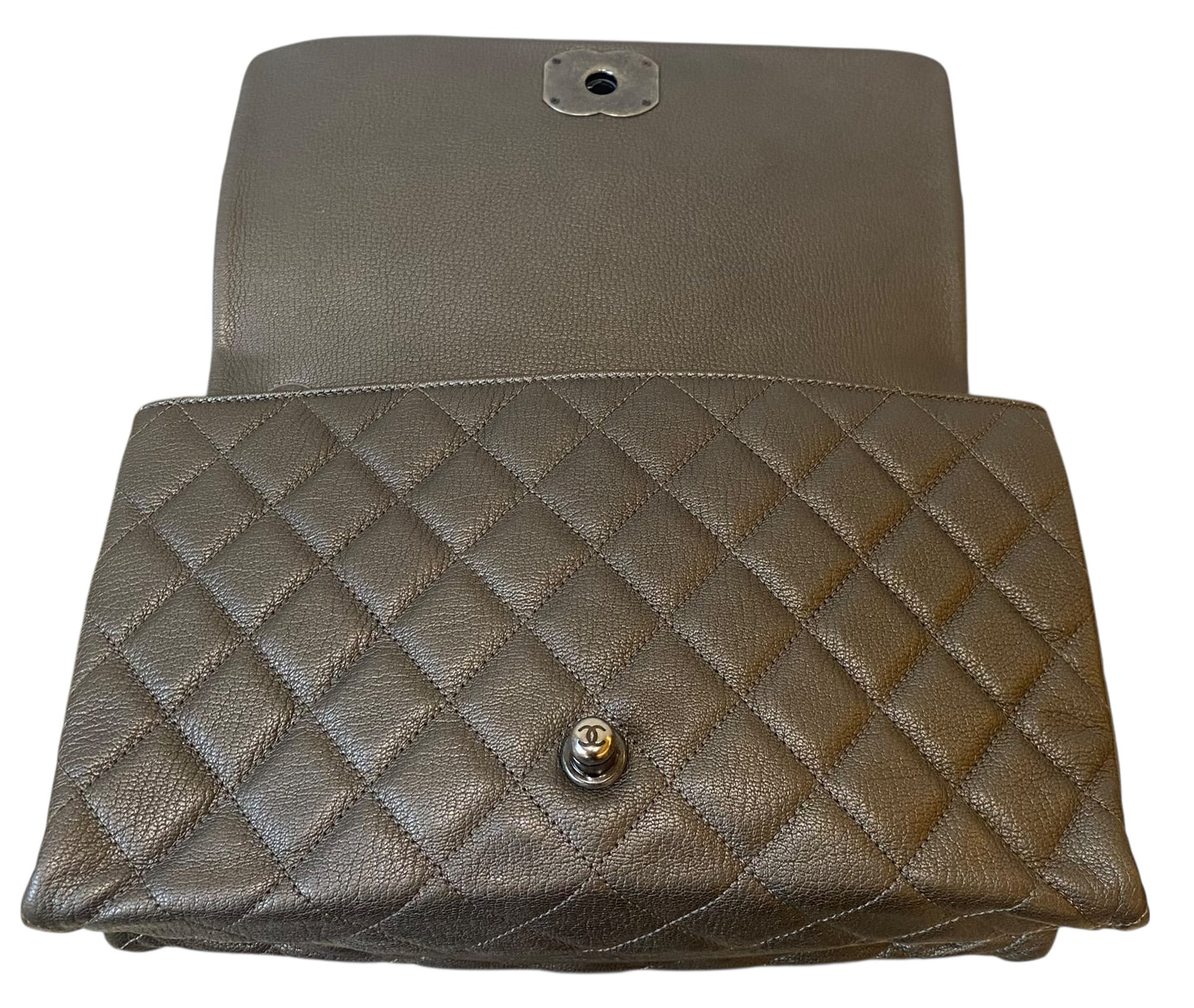 Chanel City Rock Large Dark Grey Metallic Quilted Goatskin Flap Bag