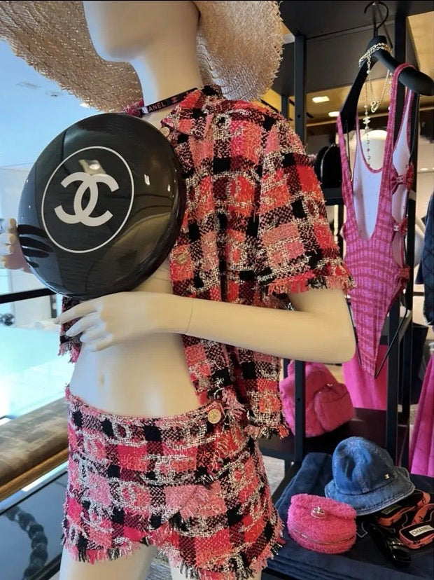 Chanel 22M Coco Beach CC Logo Pink Sequin Fantasy Tweed Blouse Vest FR 36
