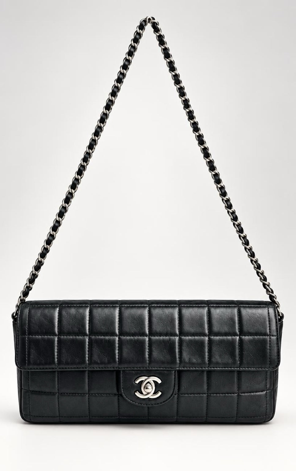 Vintage Chanel Black Lambskin East West Chocolate Bar Flap SHW