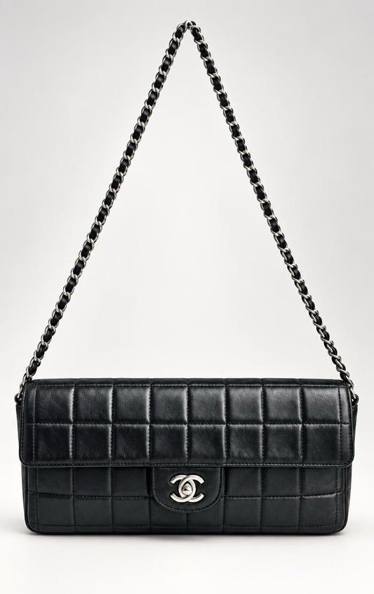 Vintage Chanel Black Lambskin East West Chocolate Bar Flap SHW