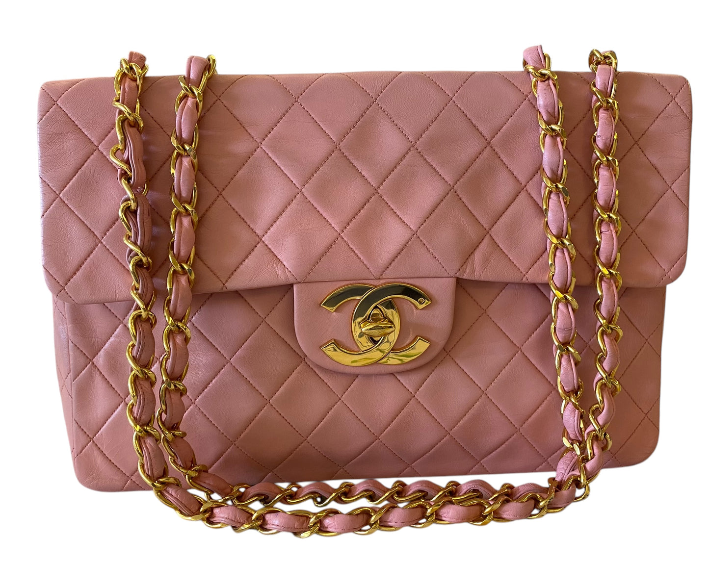 Chanel Vintage 90’s Barbie Pink Lambskin Maxi 24K Gold Hardware