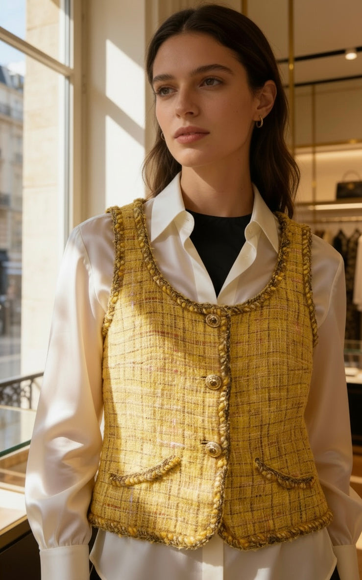 Chanel Iconic 11C Saint-Tropez Yellow Multicolor Tweed Gripoix Waistcoat Vest FR 40