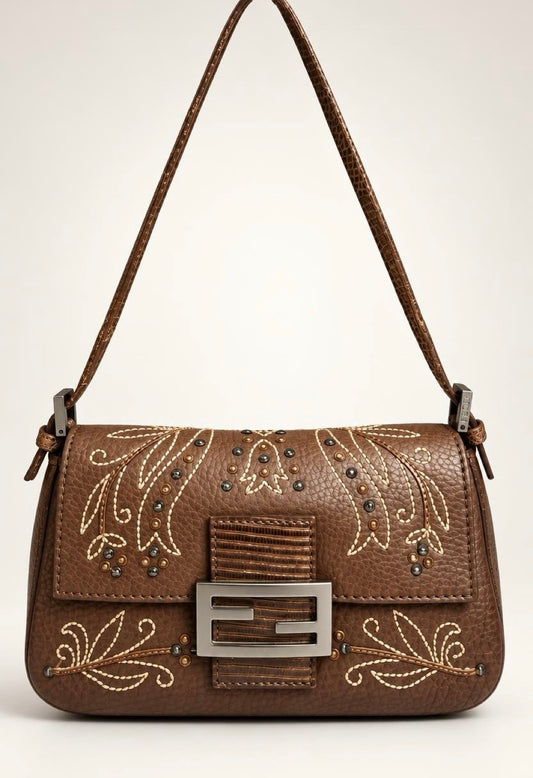 Fendi Limited Edition Dark Brown Leather Lizard Embroidered Mini Mamma Baguette Bag