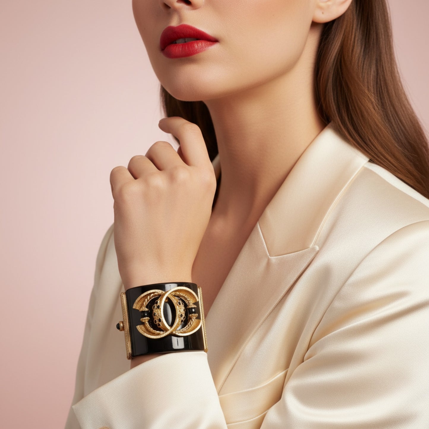Rare Chanel 16A Paris Seoul Black Pearl Gold Wide Statement Cuff Bracelet