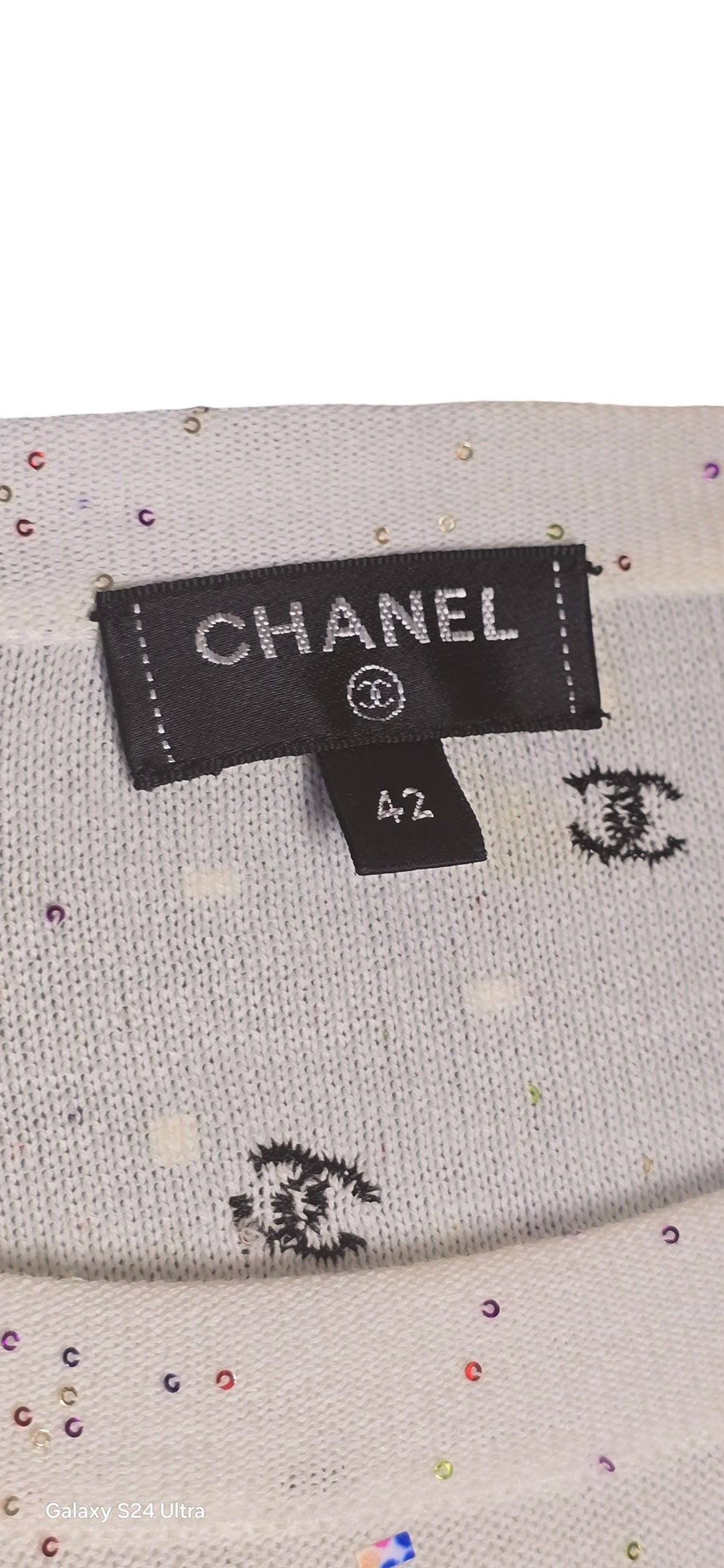 Chanel 20S White CC Logo Sequin Embroidered Long Sleeve Top FR 42