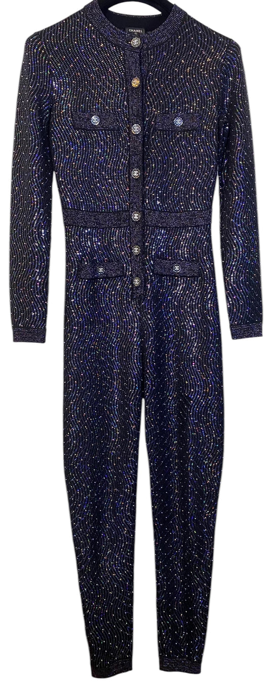 Stunning Chanel 21K Beaded Crystal Sequin Navy Black Iridescent Jumpsuit FR 36