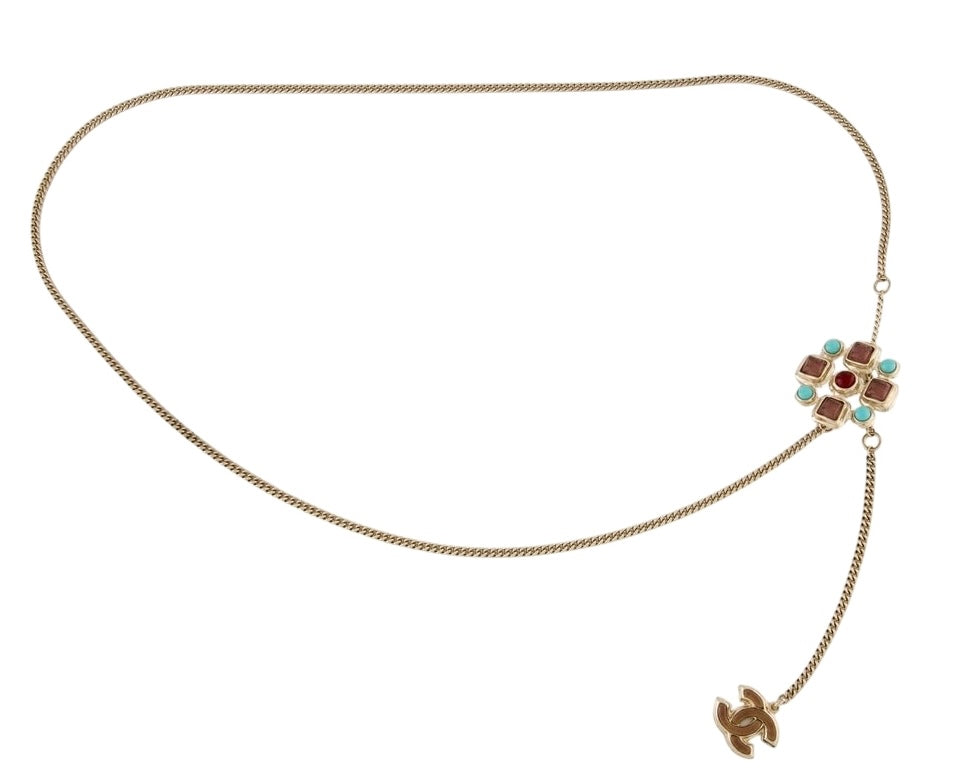 Chanel 08P Gold Chain Multicolor Cabochon Stones CC Waist Belt/Necklace