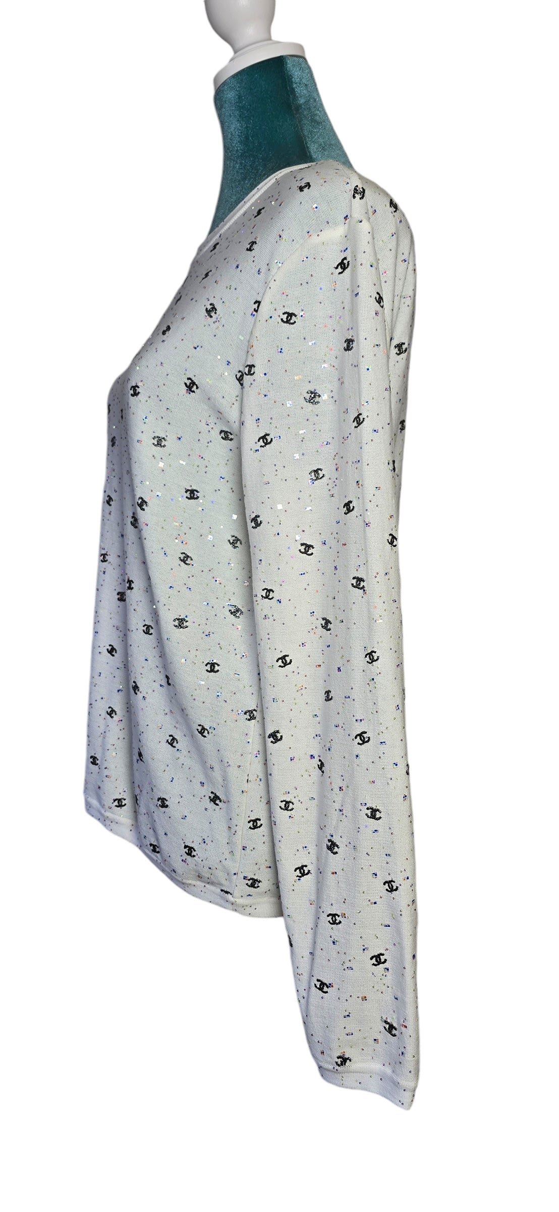 Chanel 20S White CC Logo Sequin Embroidered Long Sleeve Top FR 42