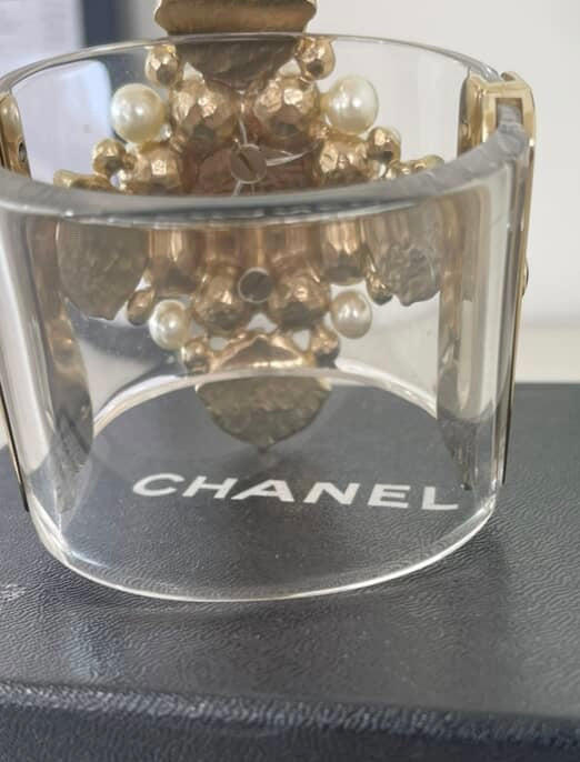 Rare Chanel 13S CC Pearl Medallion Clear Resin Cuff Bracelet