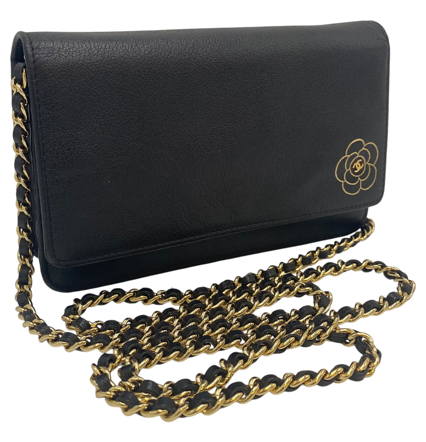 Chanel Grained Black Leather Camellia Wallet On Chain WOC Shoulder Bag GHW