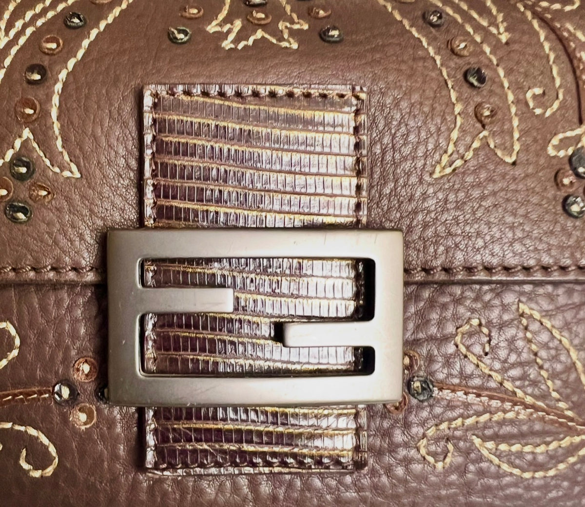 Fendi Limited Edition Dark Brown Leather Lizard Embroidered Mini Mamma Baguette Bag