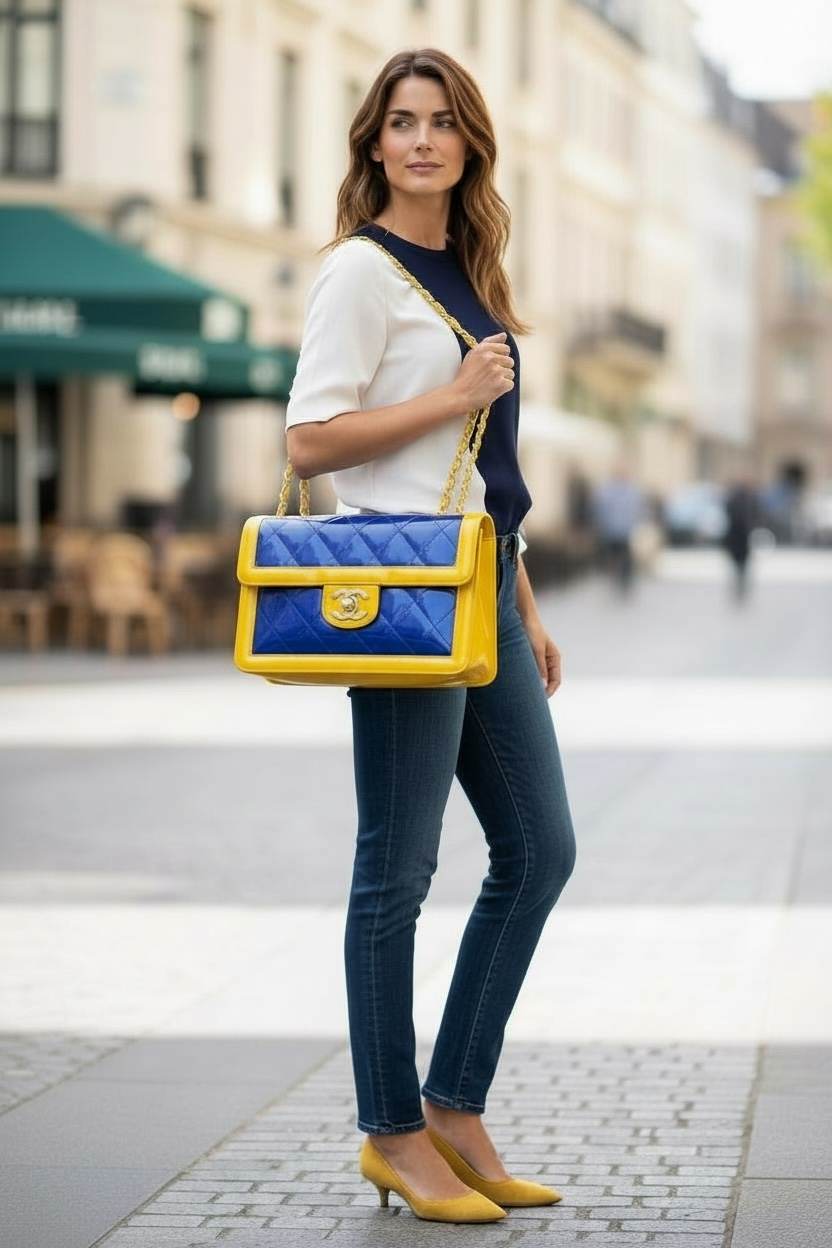 Chanel Ultra Rare 1995 Barbie Collection Yellow Blue Maxi PVC Vinyl Patent Flap Bag