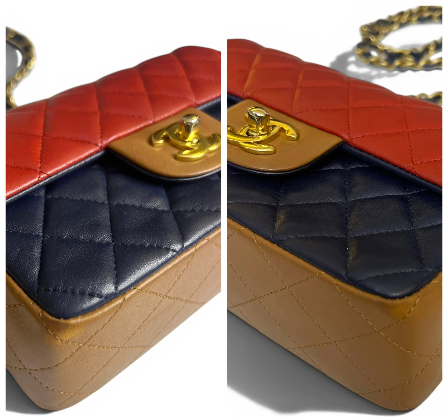 Rare Chanel 13A Edinburgh Tricolor Navy Red Caramel Quilted Lambskin Mini Classic Flap Bag GHW
