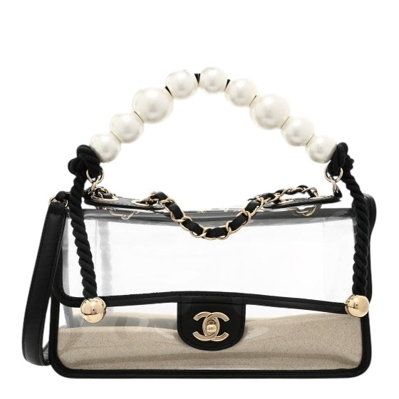 Chanel 19S Runway Medium Black Lambskin PVC Sand By The Sea Pearl Strap Flap Bag