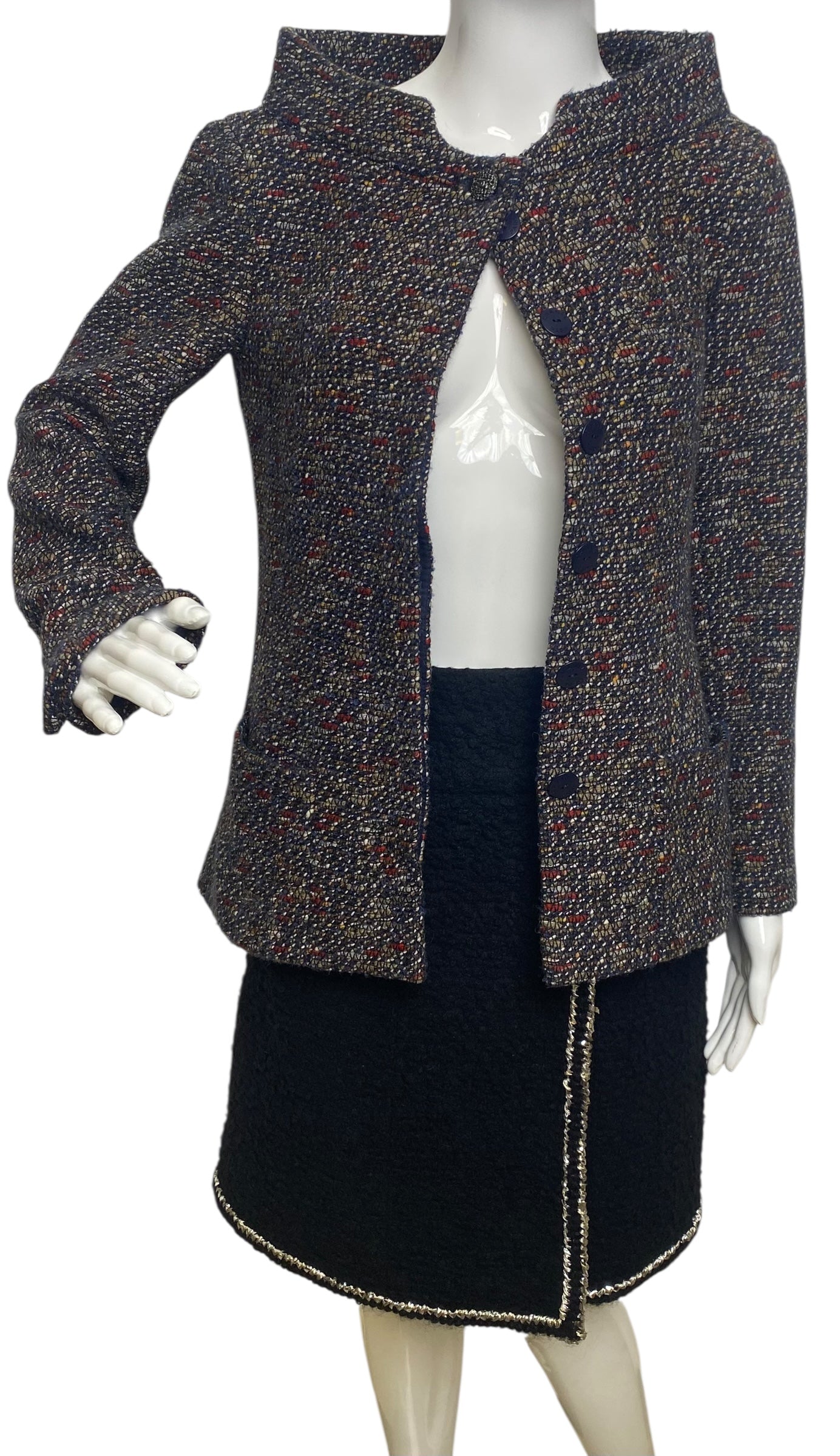 CHANEL 12A BOMBAY BLACK BROWN RED BEIGE NAVY TWEED JACKET FR 36