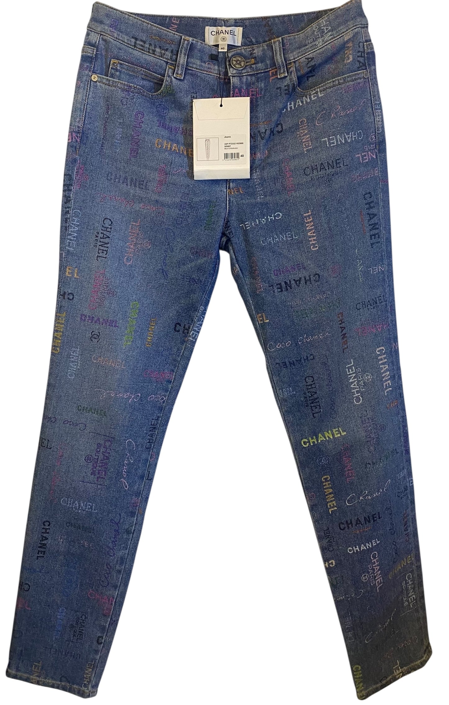 CHANEL 22P Blue & Multicolor Printed Stretch Denim Jeans FR 40