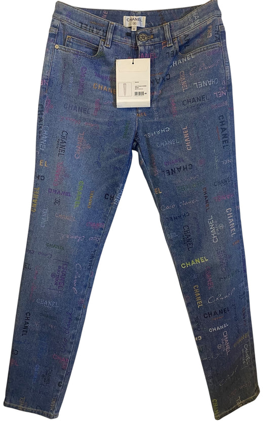 CHANEL 22P Blue & Multicolor Printed Stretch Denim Jeans FR 40
