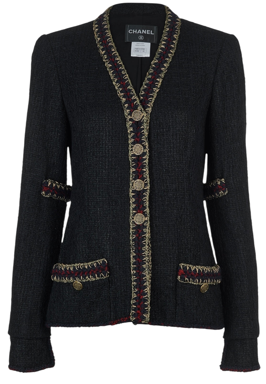 CHANEL ICONIC 10A PARIS-SHANGHAI BLACK TWEED BRAIDED TRIM CUFFS JACKET FR 38