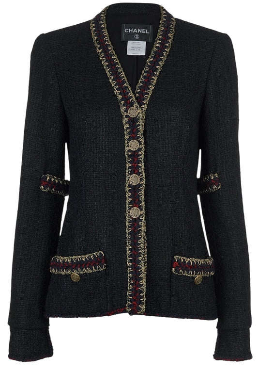 CHANEL ICONIC 10A PARIS-SHANGHAI BLACK TWEED BRAIDED TRIM CUFFS JACKET FR 38