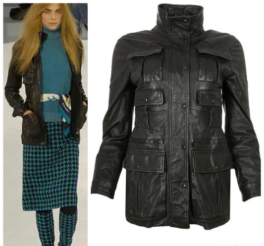 Chanel 07A Runway Black Lambskin Leather Utility Jacket Coat FR 40