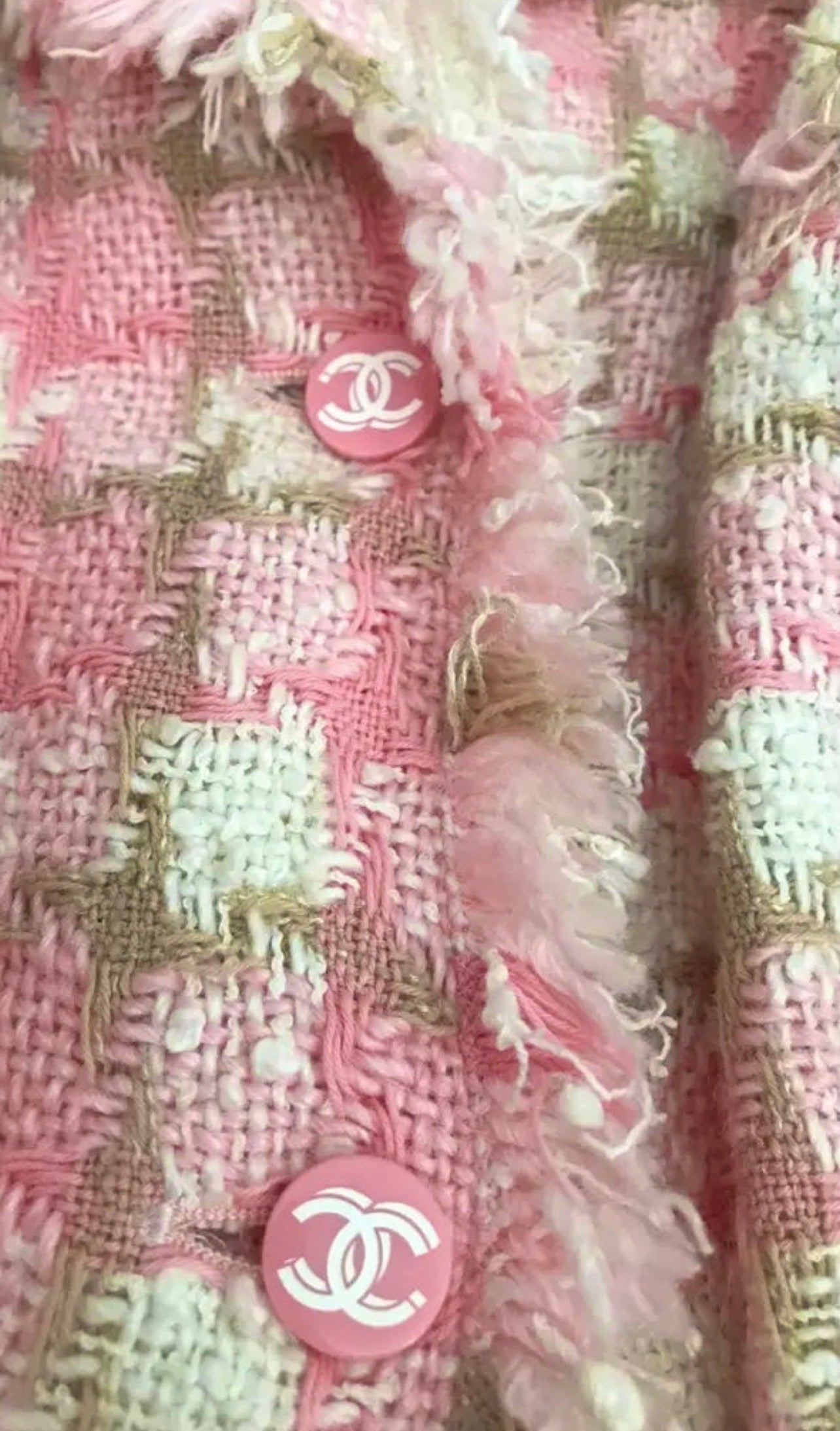 Chanel 04C Pink White Cream Fringe Tweed Checker Jacket FR 42