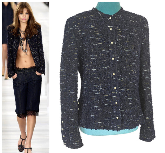 Chanel 04P Navy & Black Lesage Tweed Pearls CC Logo Button Blazer Jacket FR 42