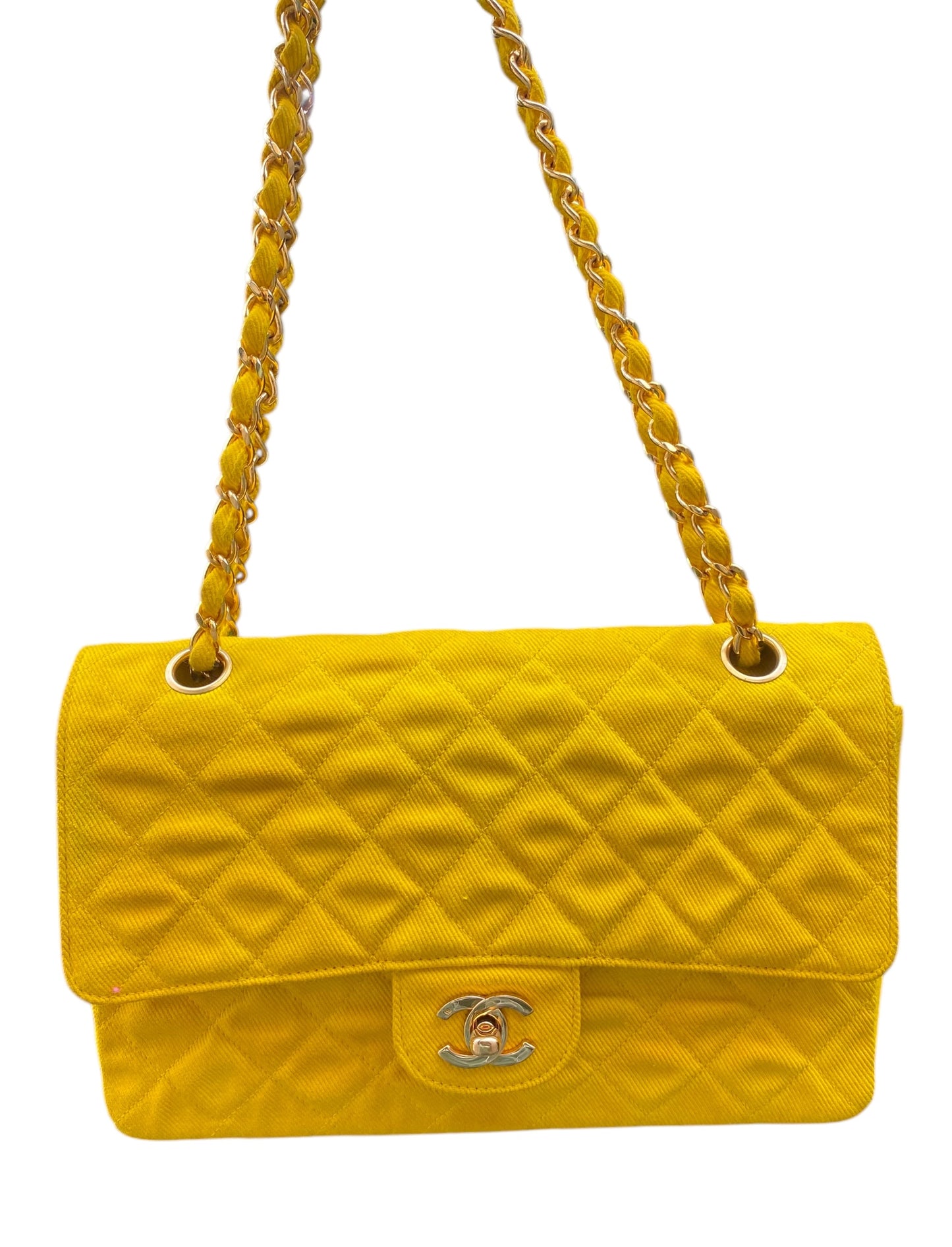 Vintage Chanel 90’s Yellow Denim Medium Classic Flap Bag 24K Gold Hardware